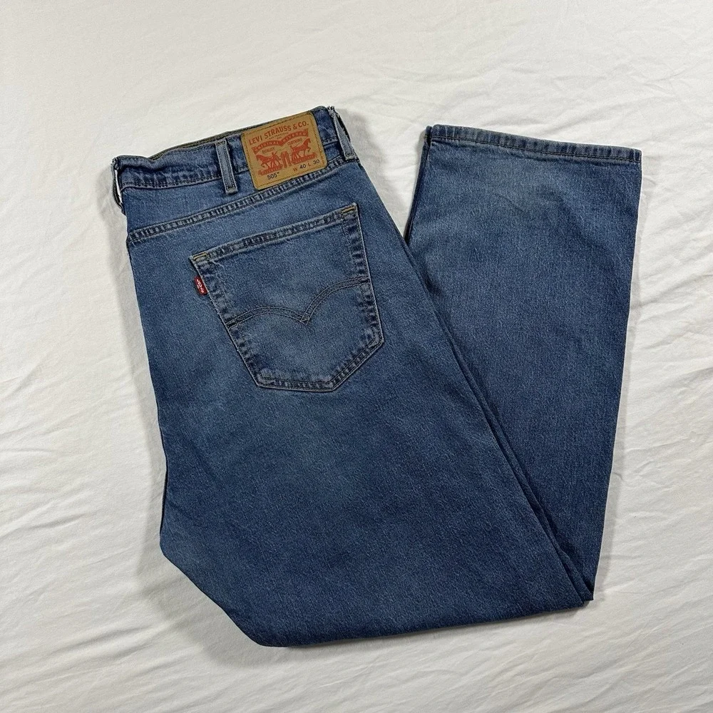 Levis 505 Jeans Mens 40x30 Blue Regular Fit Straight Leg Medium Wash Denim Faded